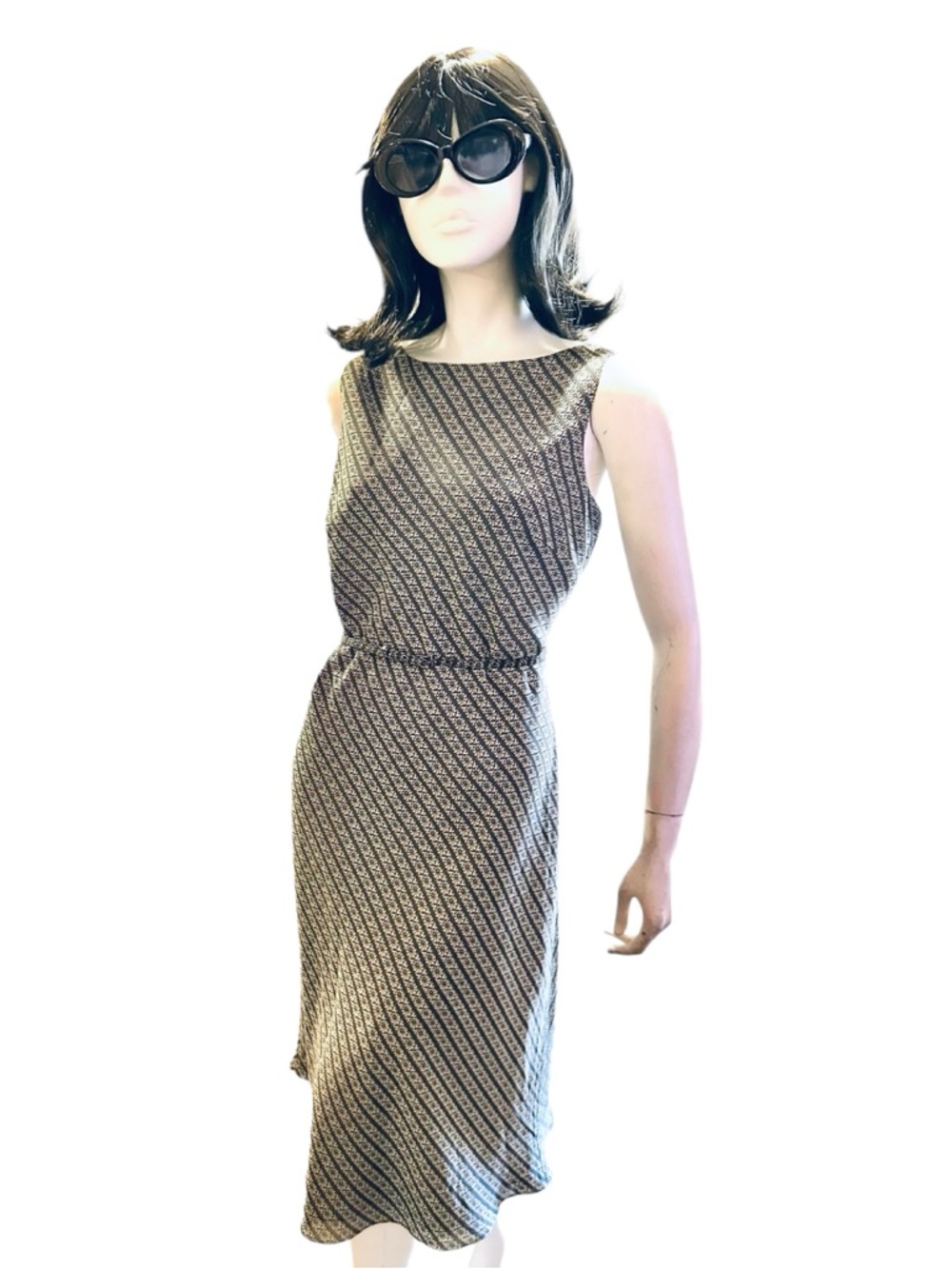 LOFT Sleeveless Midi Dress Size 12P Beige Brown Geometric Print Belted